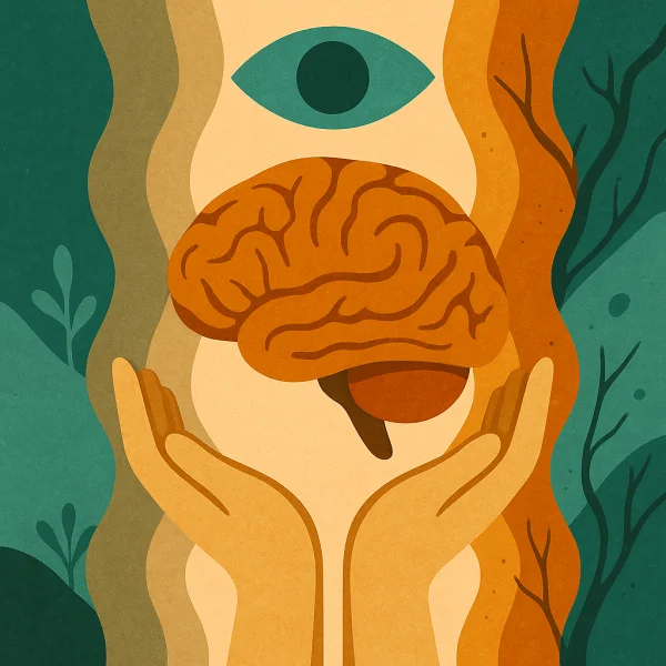 Ilustración de cerebro sostenido por manos, simbolizando la sanación del trauma y la regulación del sistema nervioso con teoría polivagal